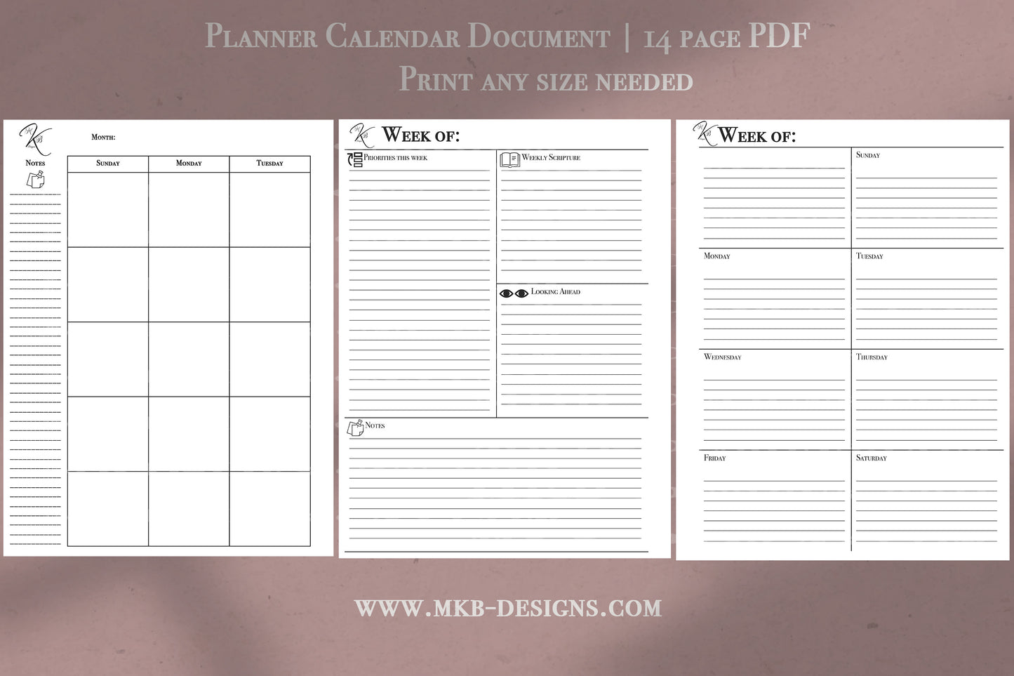 Planner Monthly Calendar | 14 page PDF