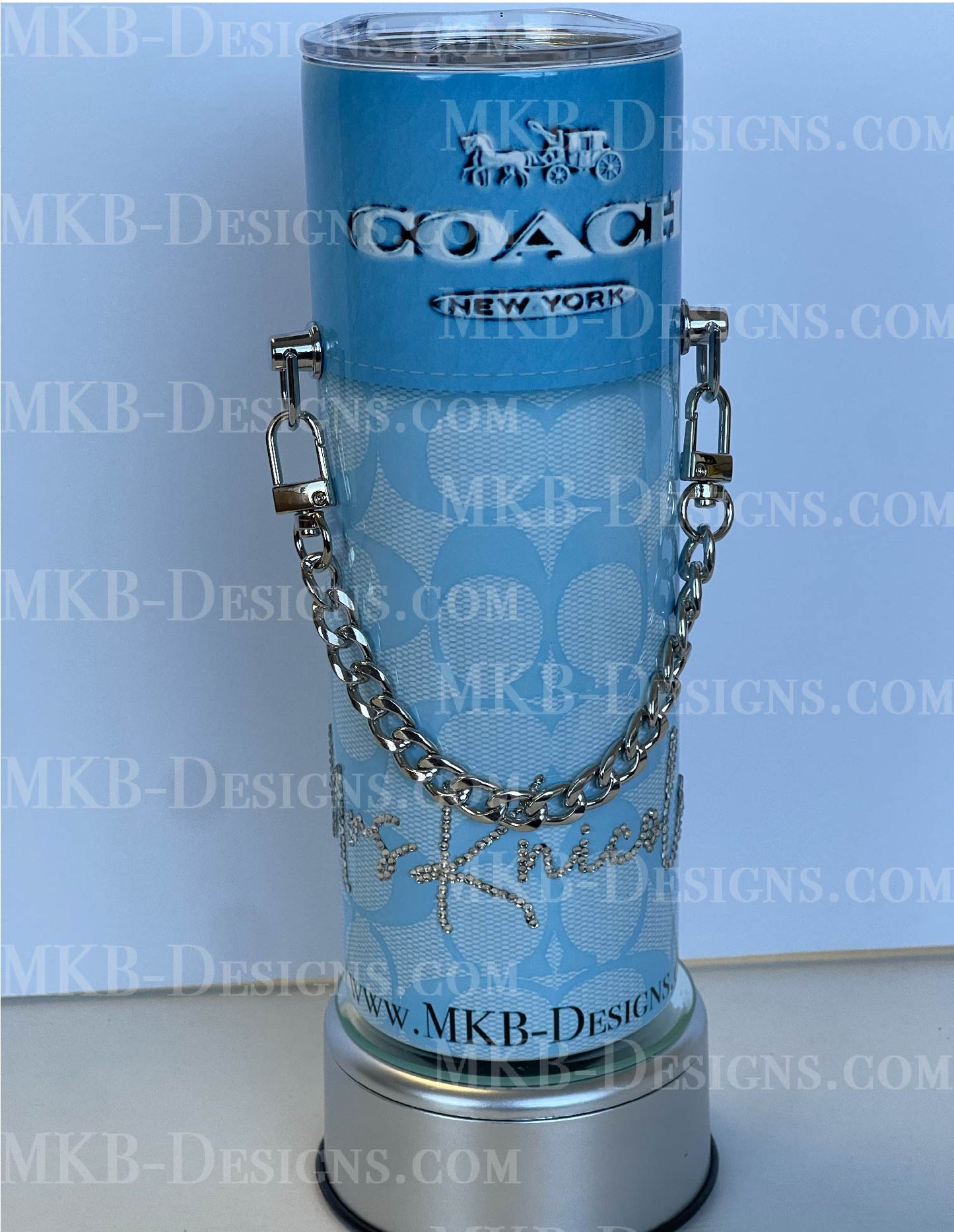 Custom Designer C 20oz Tumbler_Blue with Silver Chain