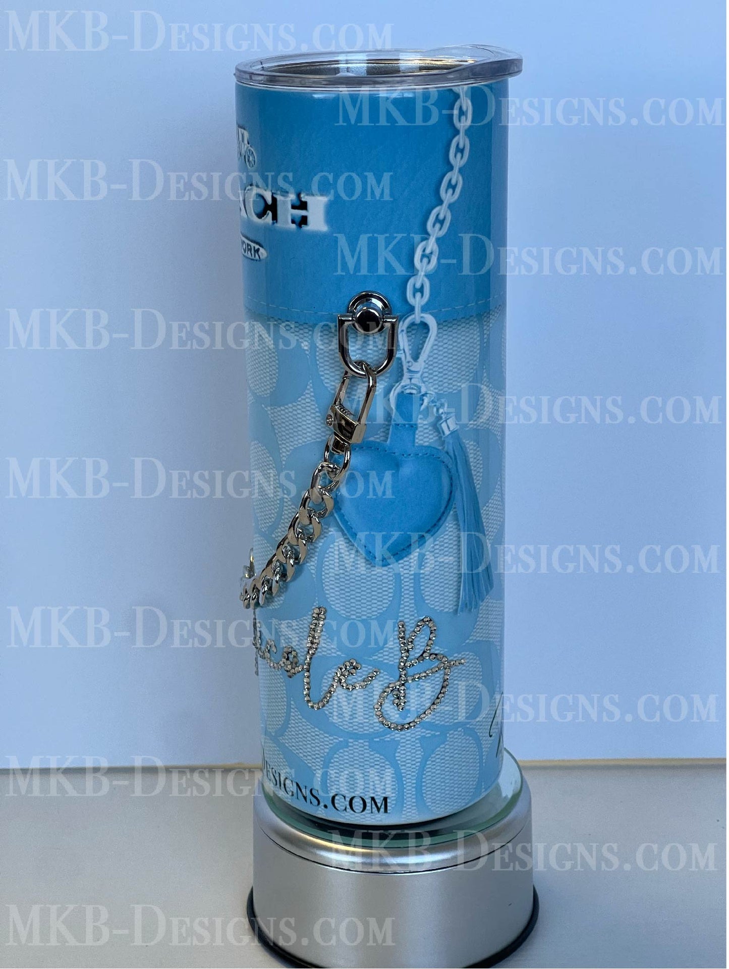 Custom Designer C 20oz Tumbler_Blue with Silver Chain
